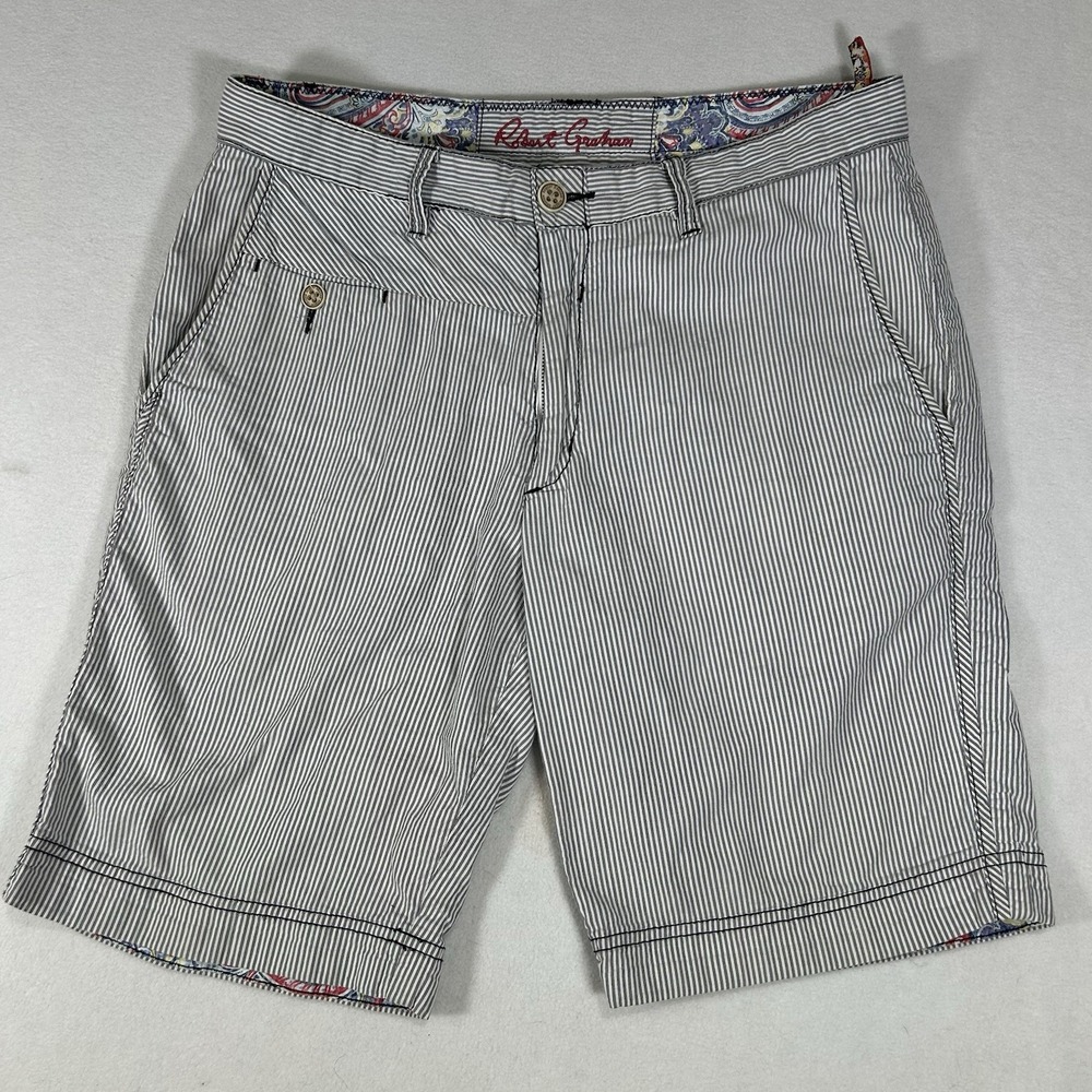 Robert Graham Mens Gray White Seersucker 100%‎ Cotton Chino Shorts Size 32